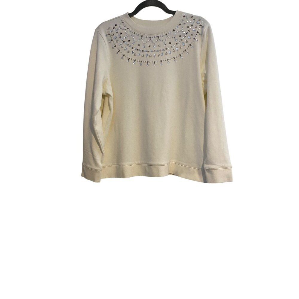 Talbots Plus Top Women's 1X Ivory Sweatshirt Beaded Holiday Y2K Casual Comfy